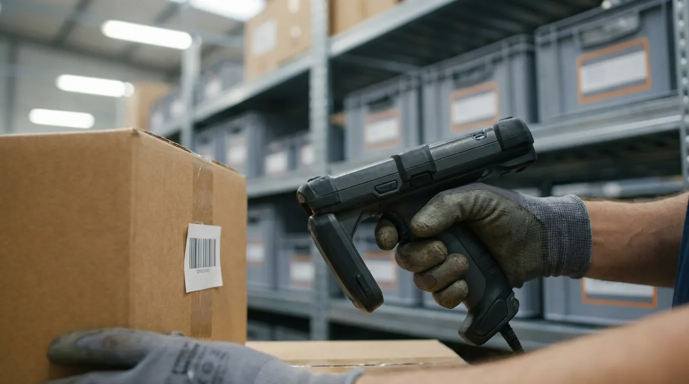 Warehouse worker scanning barcode on package