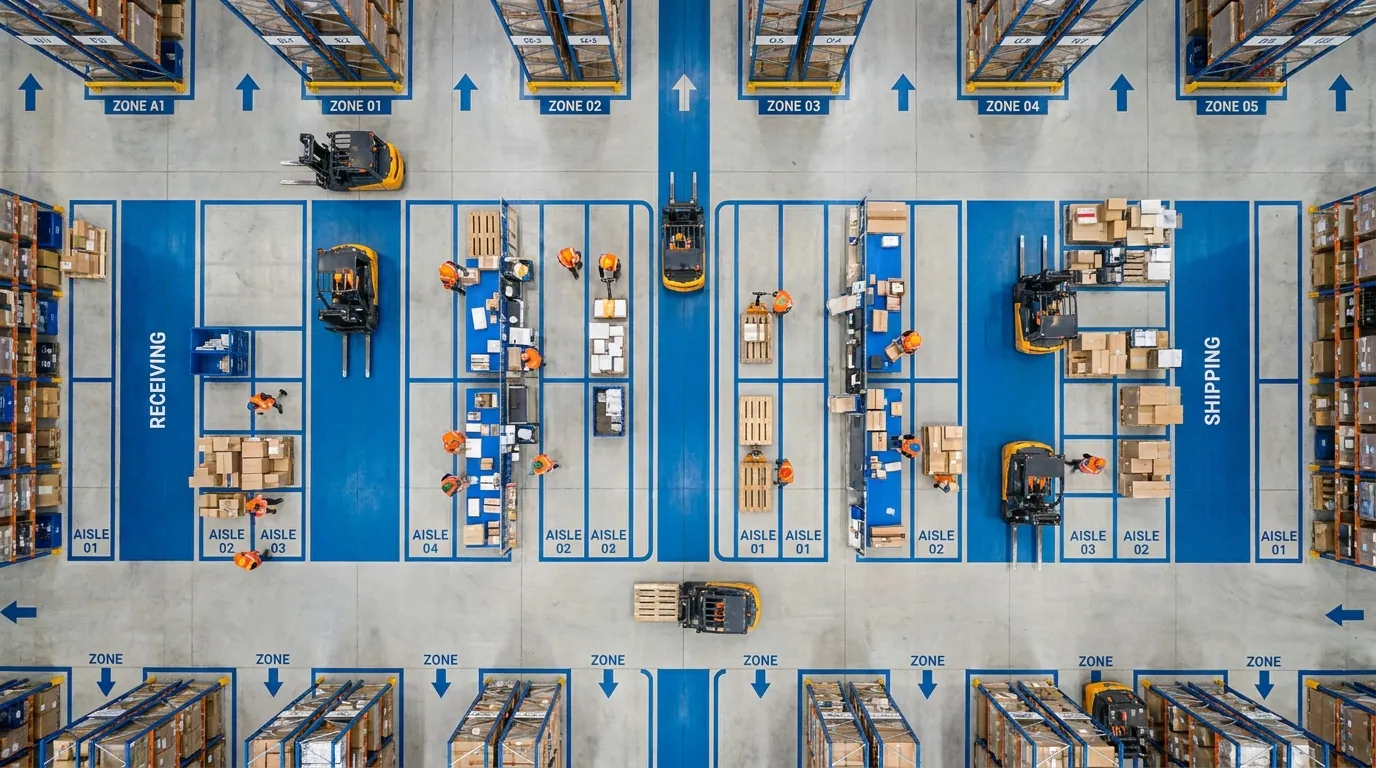 Aerial view of organized warehouse floor