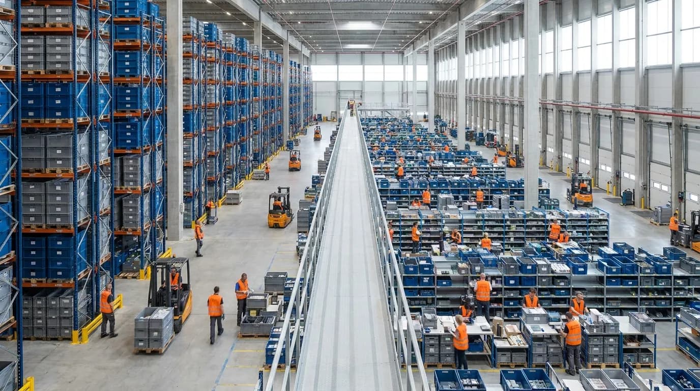 Wide shot of distribution center operations