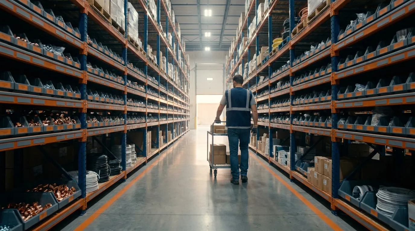 Distributor warehouse aisle supporting Amazon Epicor Prophet 21 integration