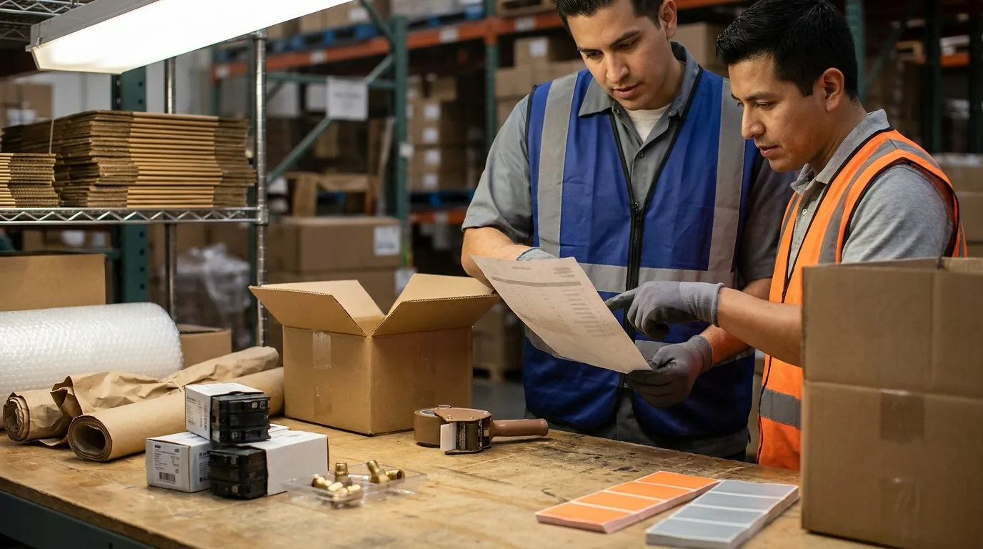Two warehouse workers reviewing pick list at packing station