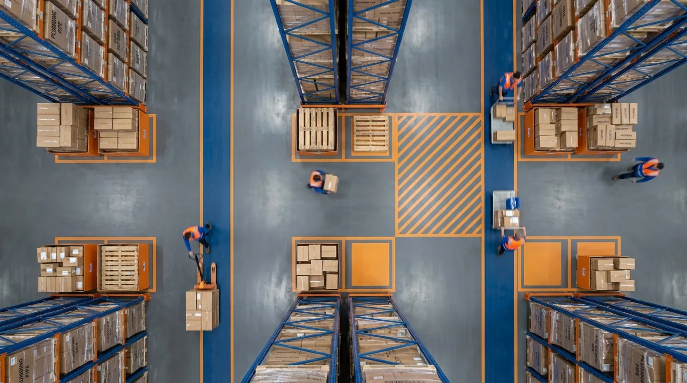 Aerial view of organized warehouse floor with staging areas
