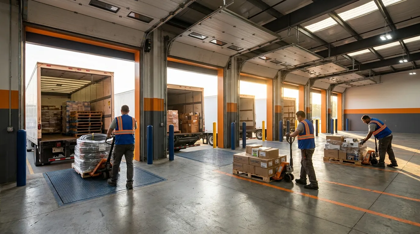 Workers loading pallets onto trucks at distribution center dock