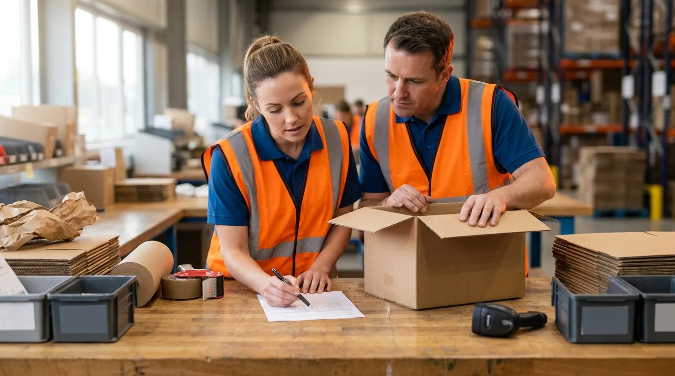 Two warehouse workers reviewing pick list at packing station
