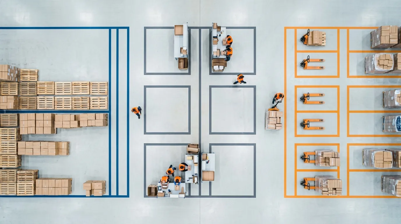 Overhead view of warehouse zones with colored floor tape