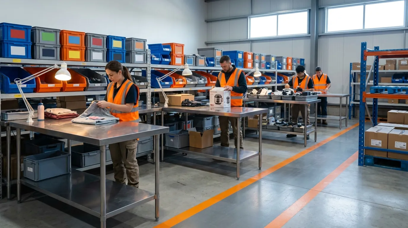 Workers inspecting and sorting products in returns processing area