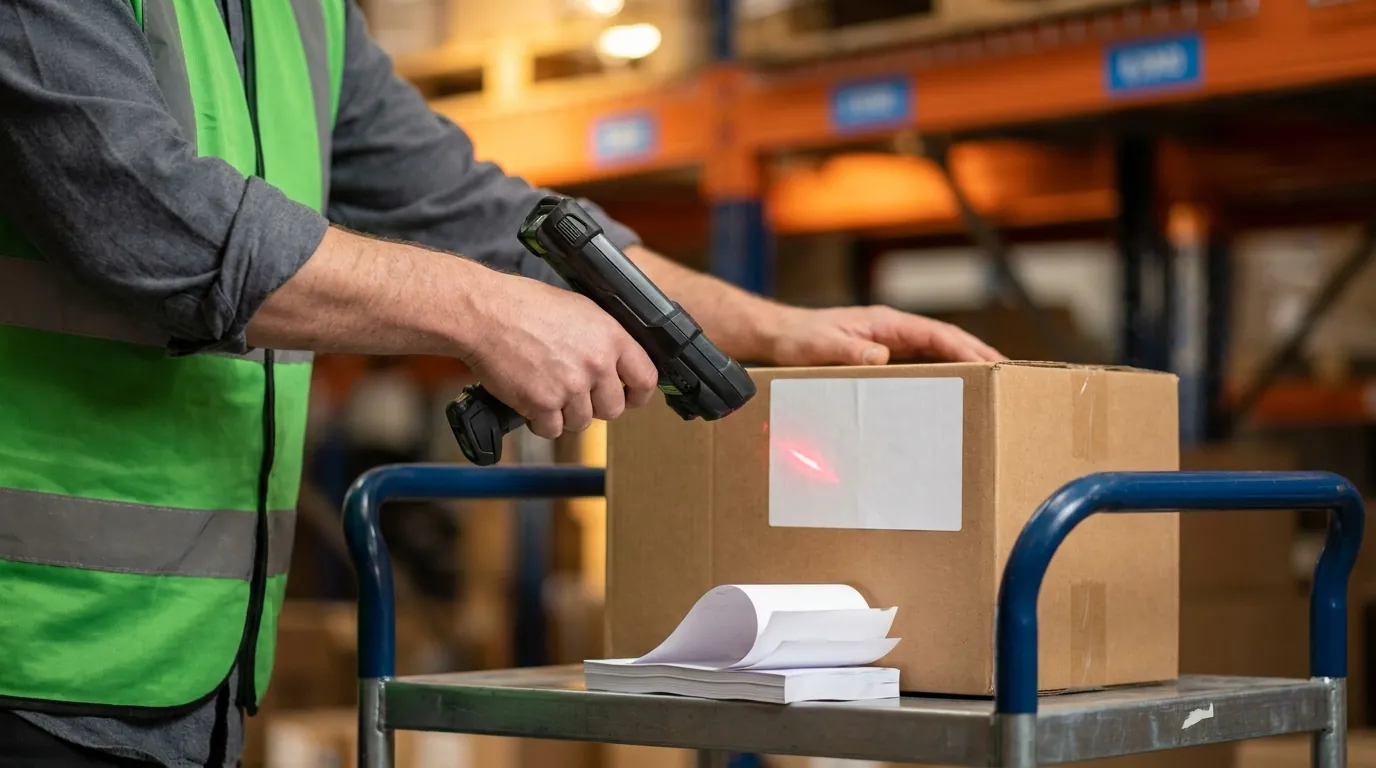 Warehouse worker scanning barcode on cardboard shipping box