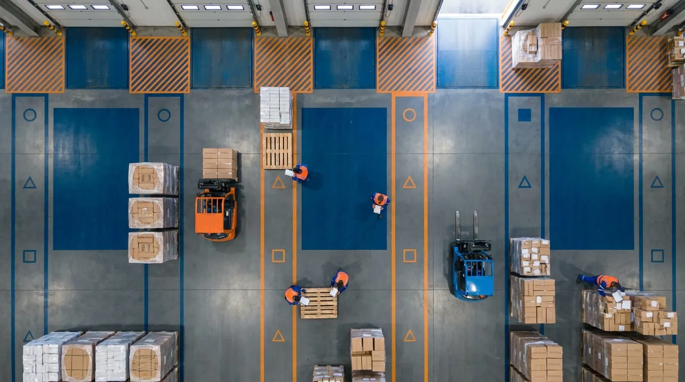 Aerial view of organized warehouse floor with zones