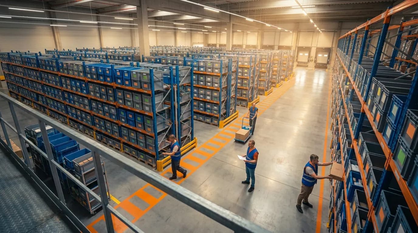 Wide shot of distribution center operations from above