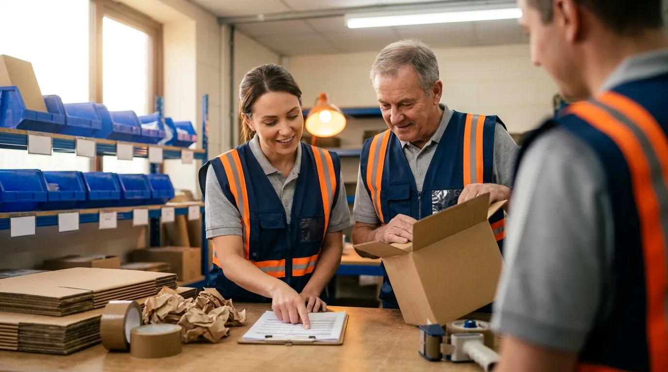Two warehouse workers verifying carton contents against pick list