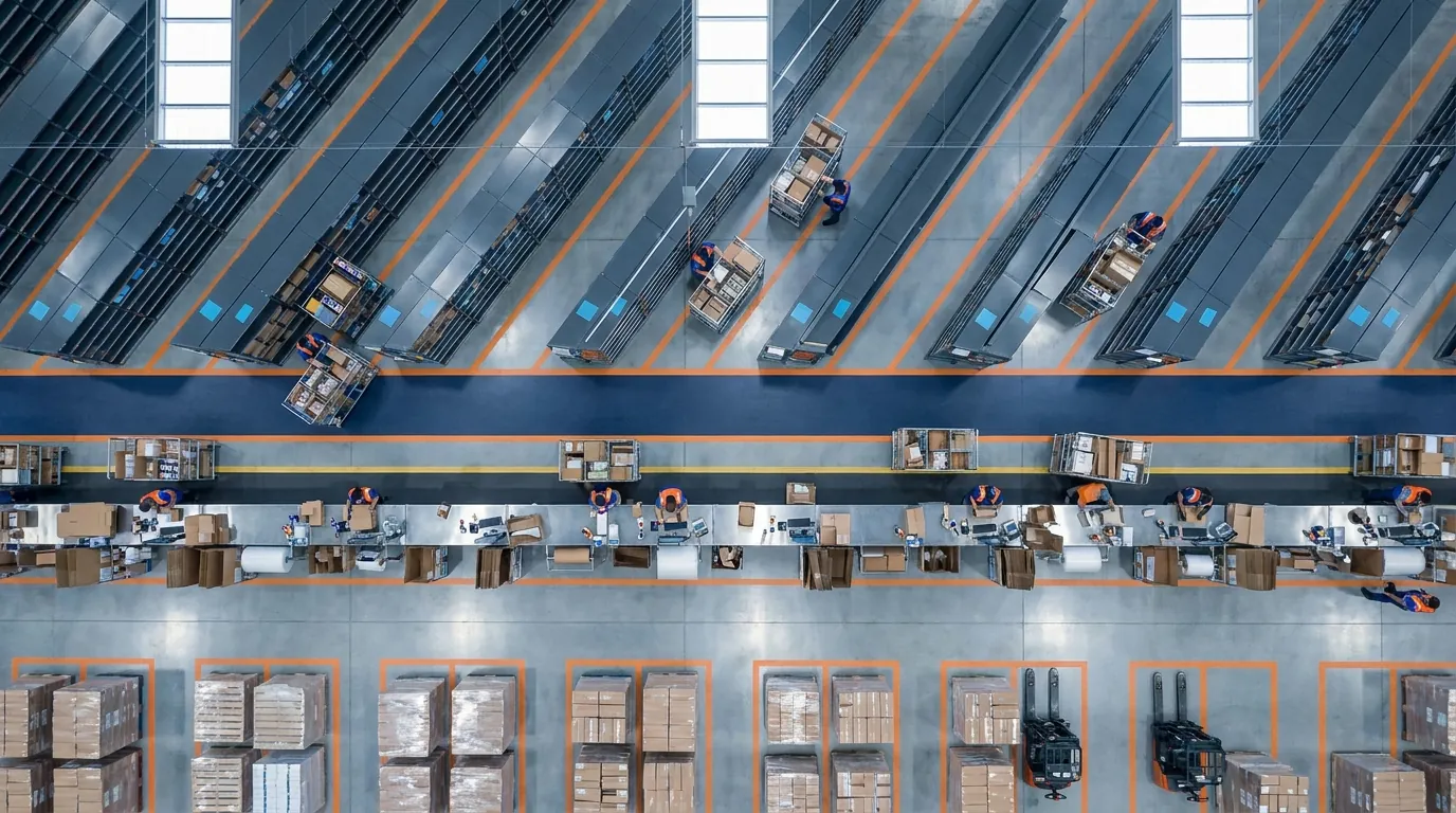 Aerial view of organized pick-pack-ship warehouse floor