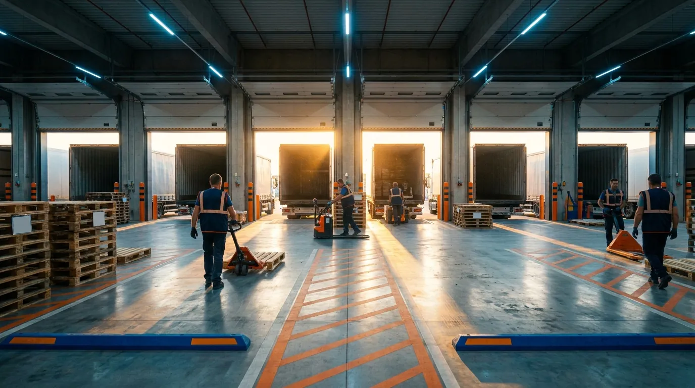 Loading dock with trucks and workers moving pallets