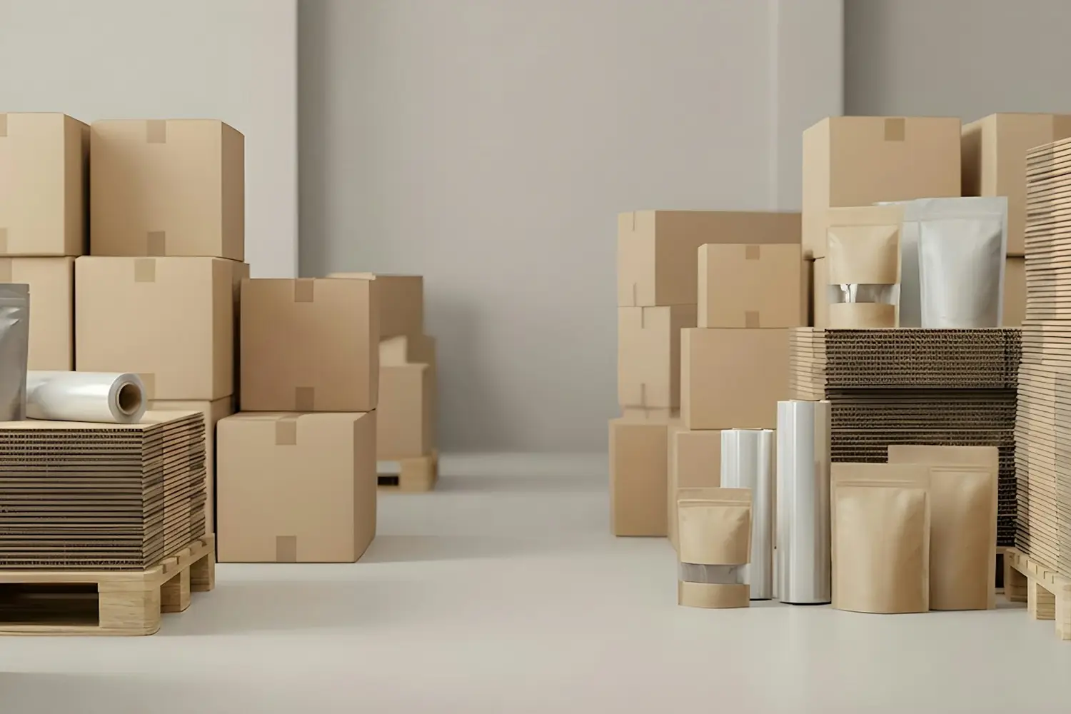 Cardboard boxes and packing supplies on pallets