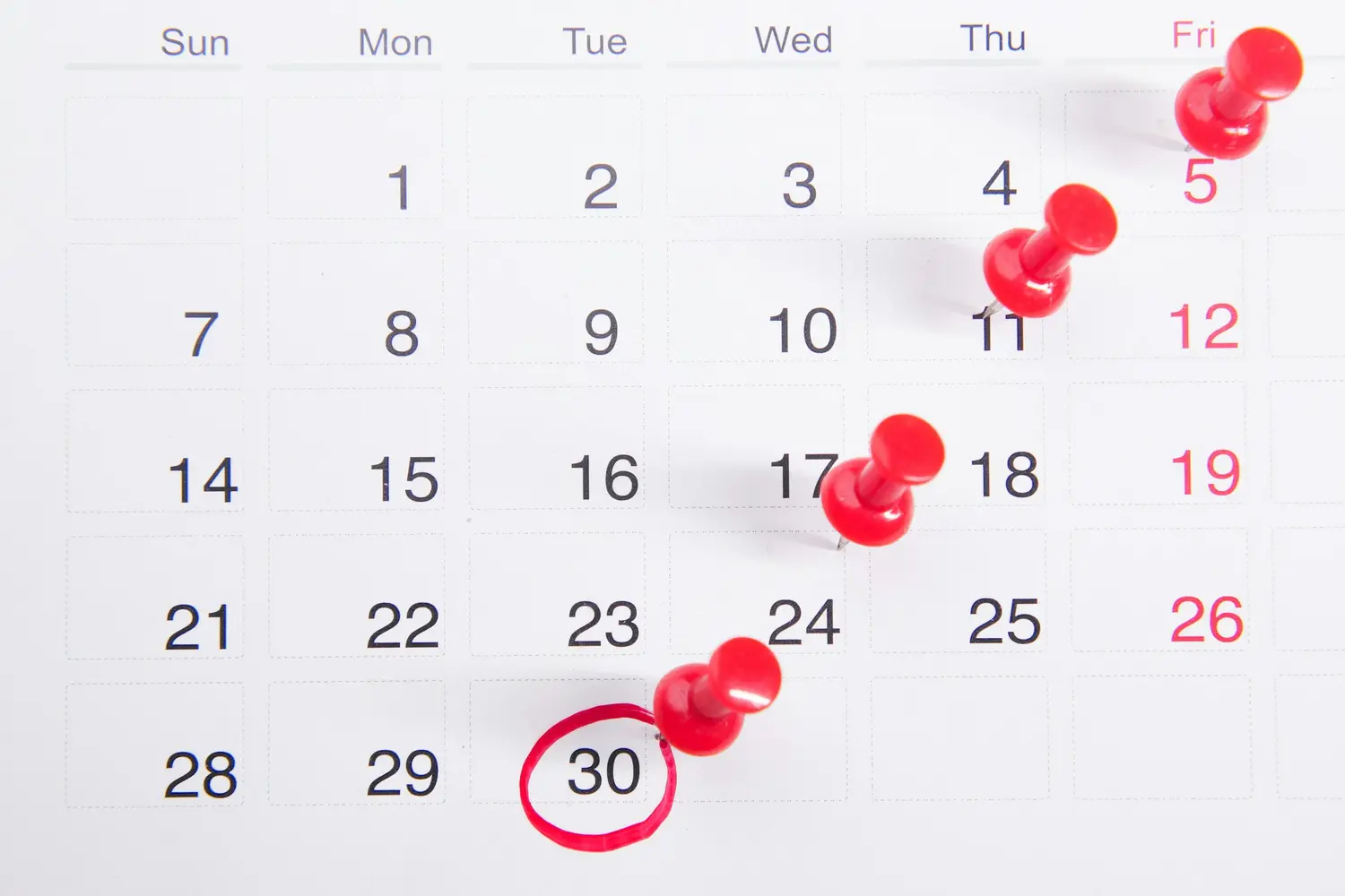 Wall calendar with dates marked by red push pins