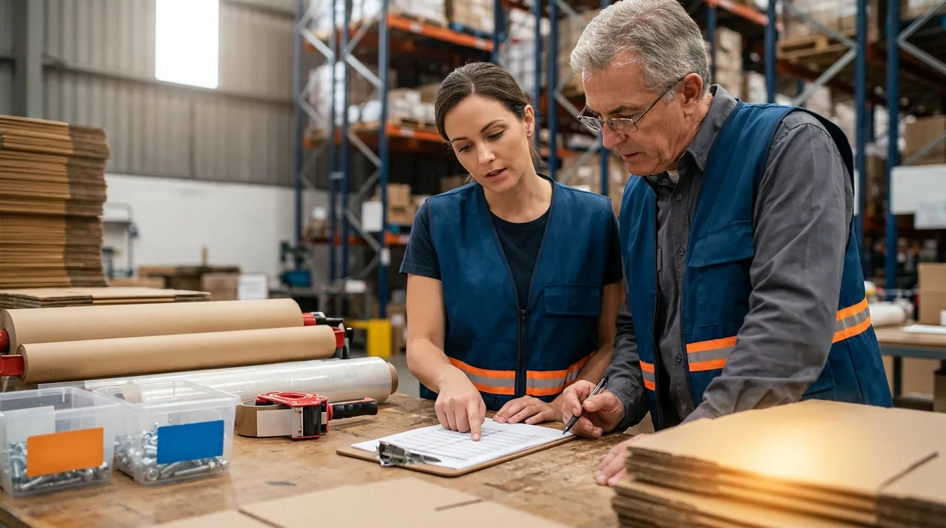 Two warehouse workers reviewing printed pick list at packing station