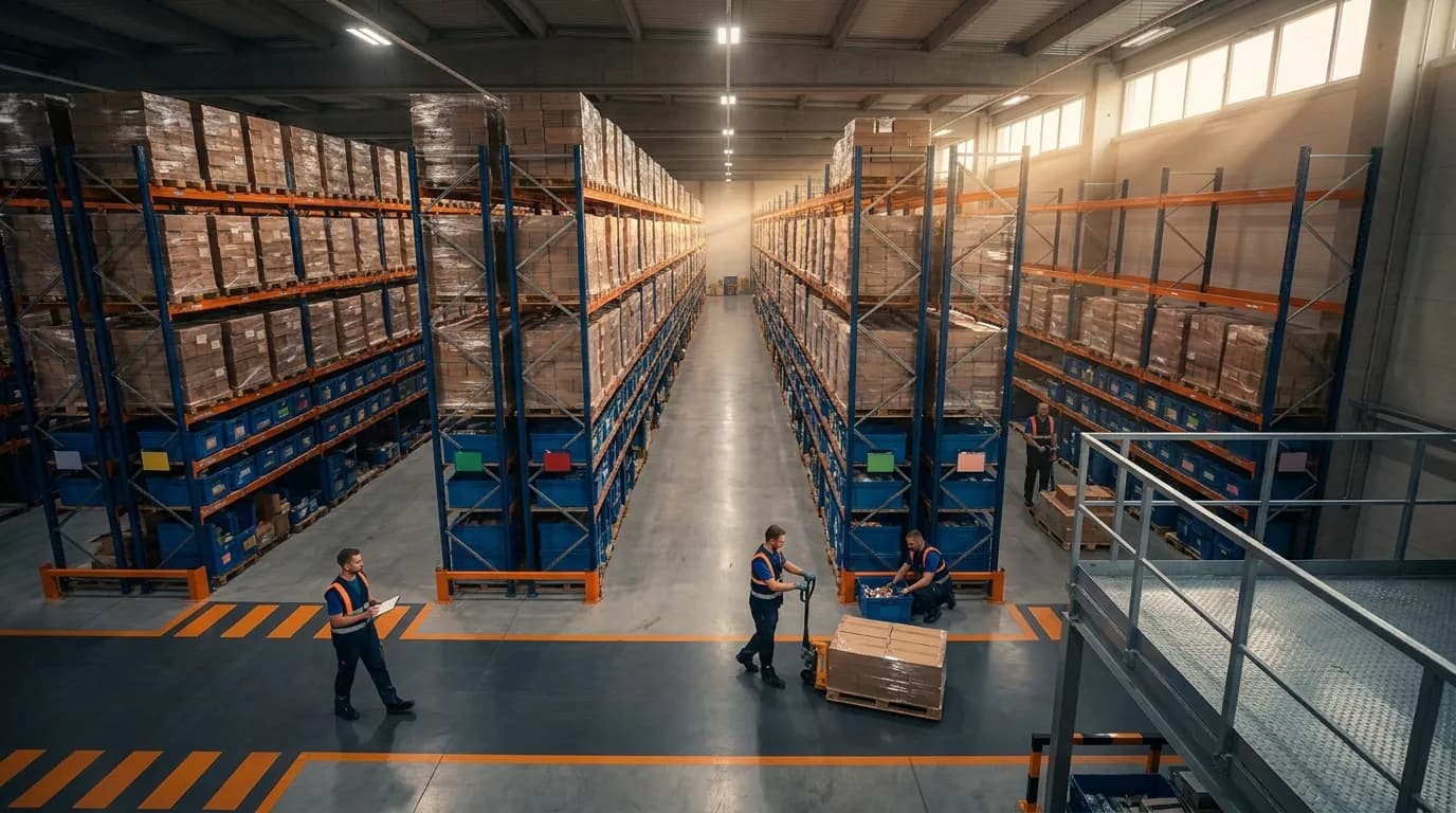 Wide elevated shot of organized warehouse aisles and workers