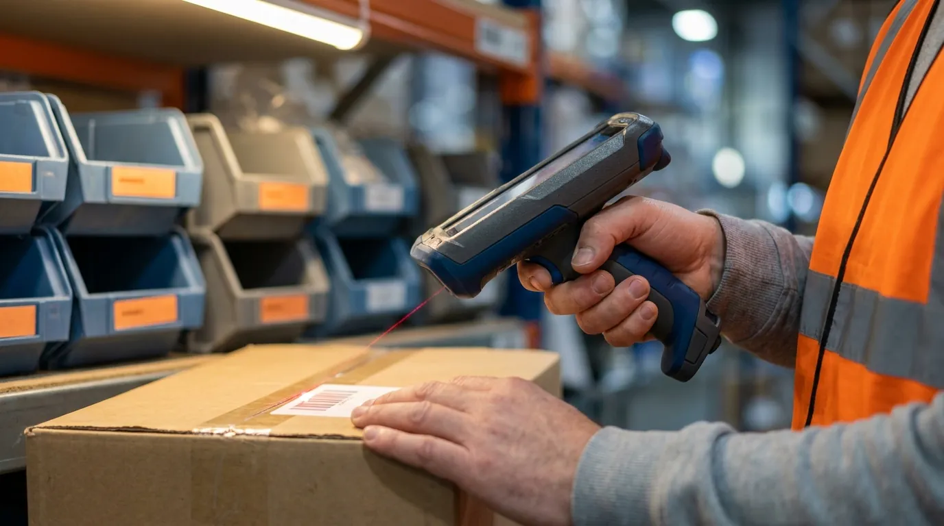 Warehouse worker scanning barcode on product carton