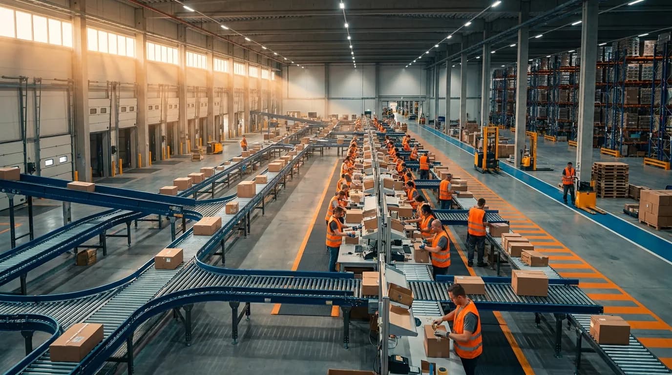 Wide shot of distribution center conveyor operations