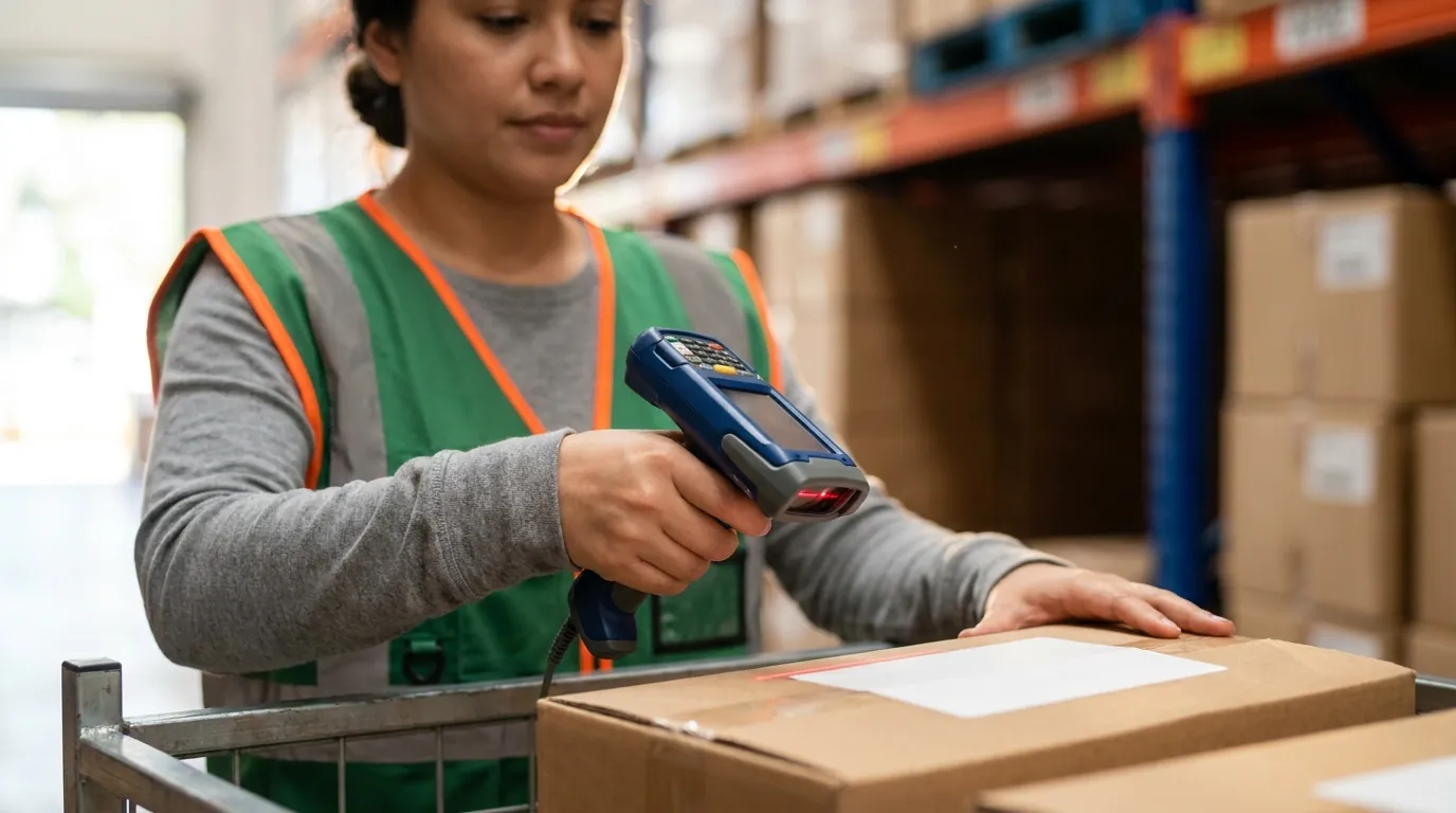 Warehouse worker scanning barcode on cardboard box
