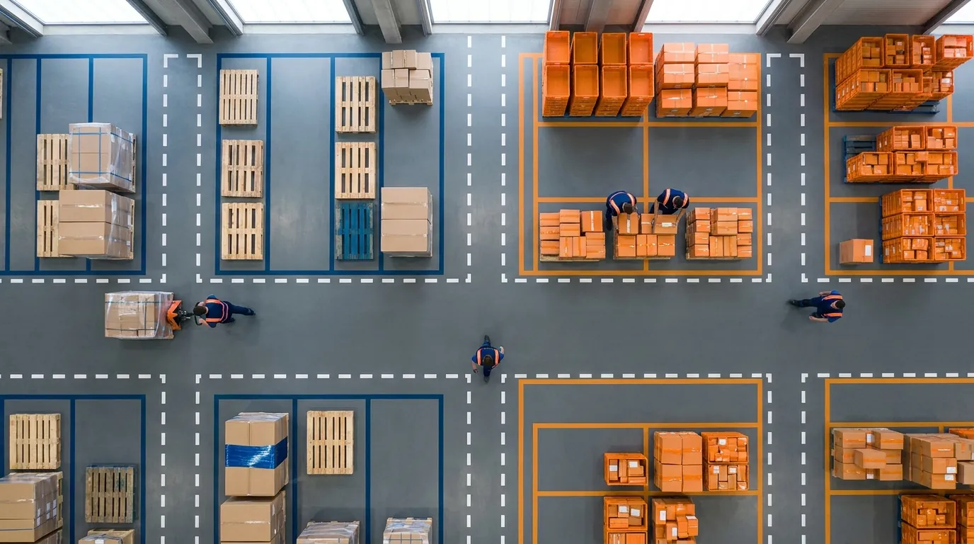 Aerial view of organized warehouse floor zones