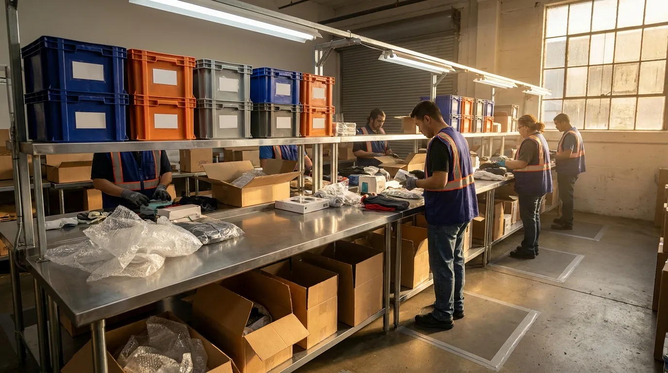 Workers inspecting and sorting returns at warehouse tables