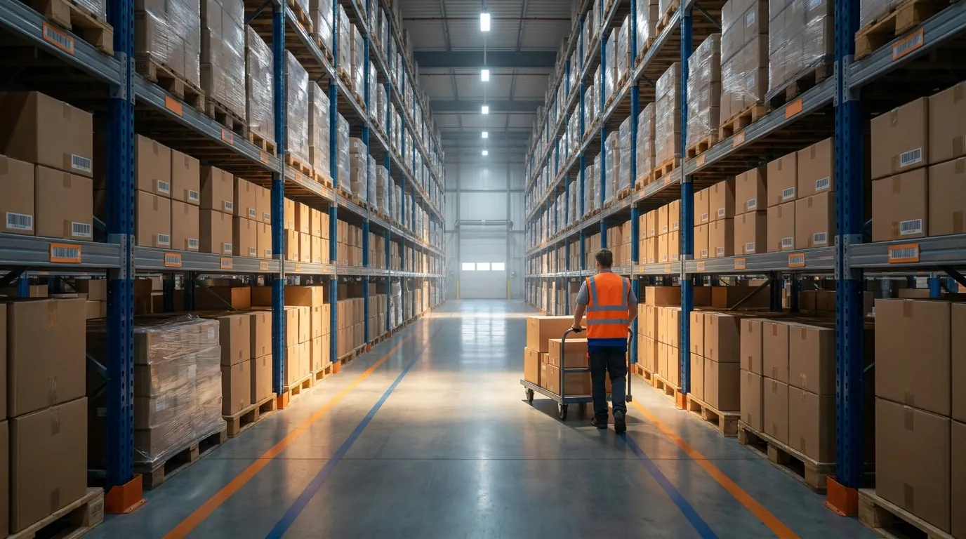 Organized warehouse aisle representing edi software and edi software pricing