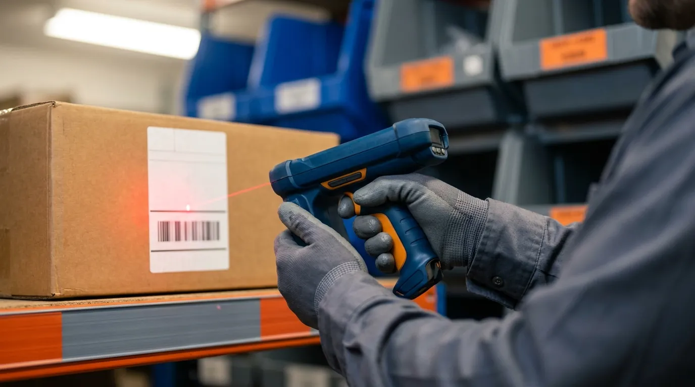 Warehouse worker scanning barcode label on carton