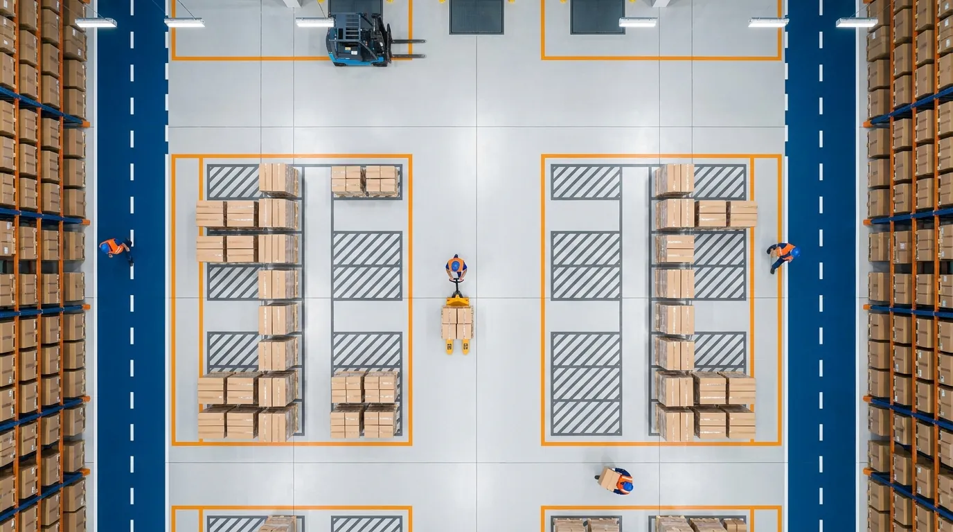 Aerial view of organized warehouse floor and staging areas