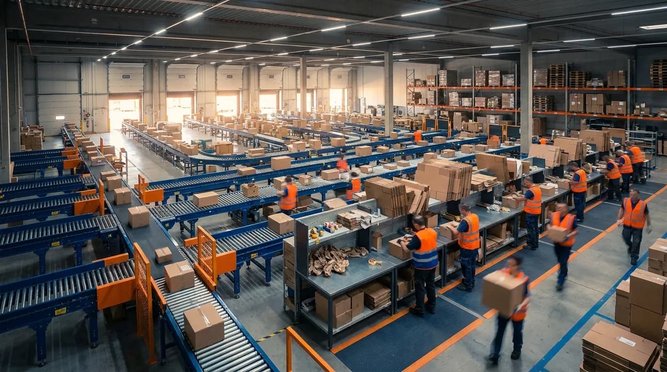 Wide shot of distribution center conveyors and packing stations