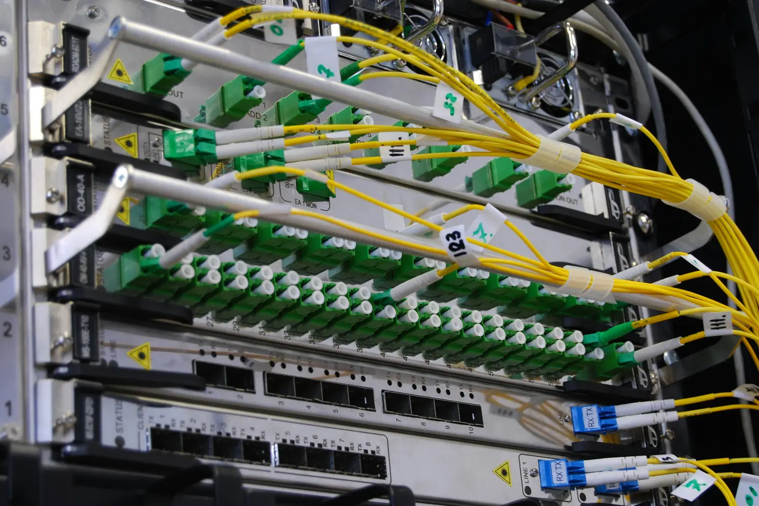 Fiber optic cables connected to a network switch