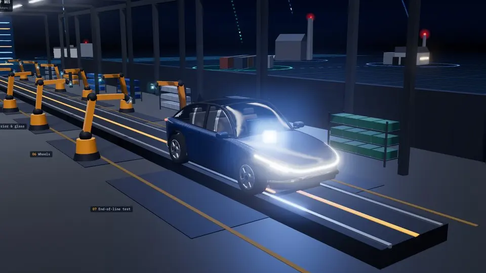 Electric car on the assembly line in the 3D story