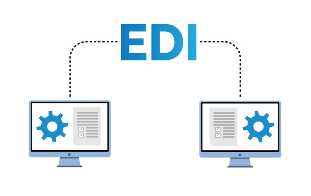 two computers with gears connected to each other by EDI