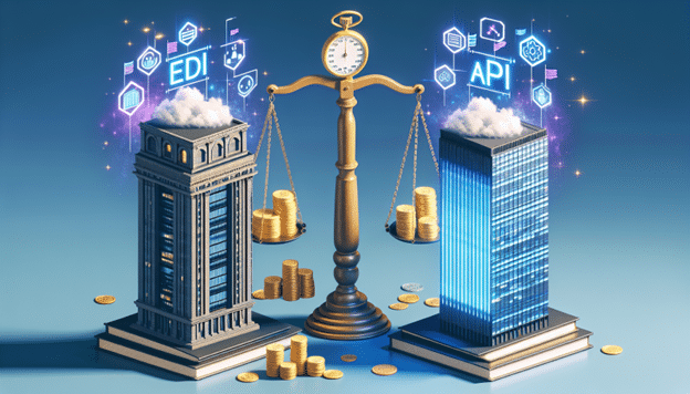 balancing scale with EDI represented by an old building on one side and API on the other represented by a newer building a skyscraper