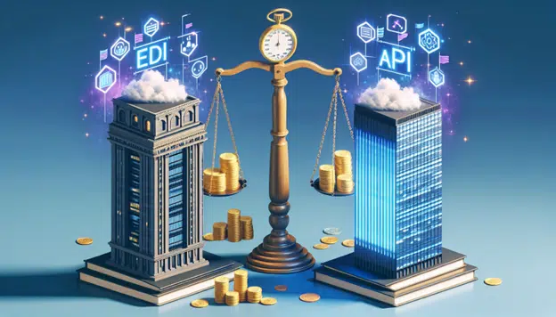 EDI and API comparison illustration with balanced scales between two office buildings