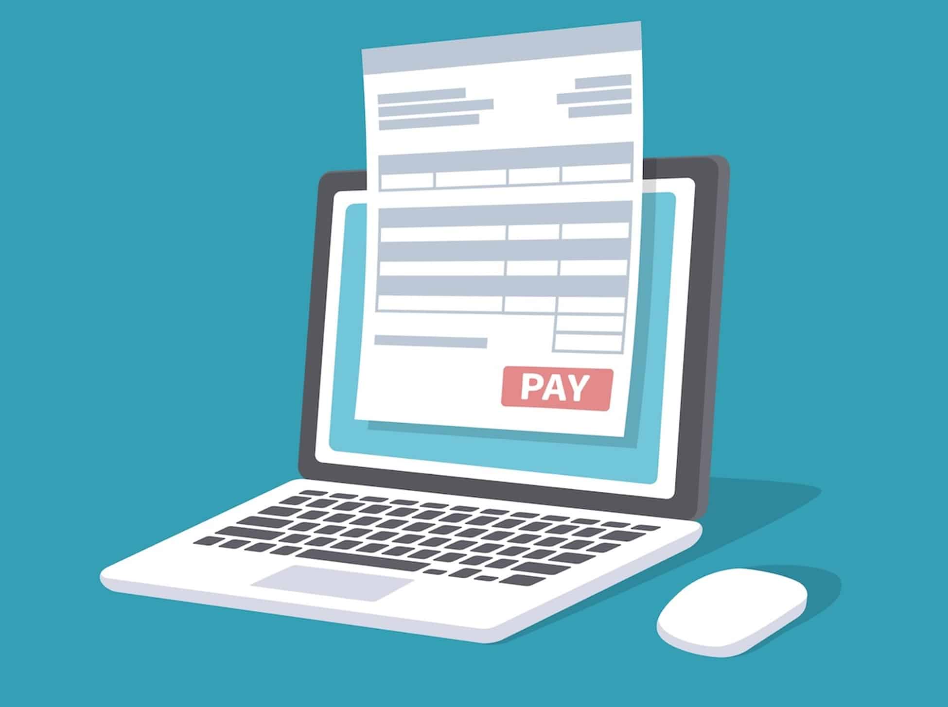 laptop and mouse with a paper invoice floating on top of the screen