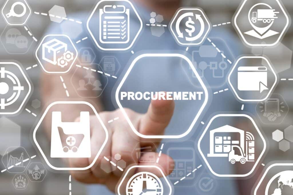finger touching a screen with icons around procurement and warehouse receiving