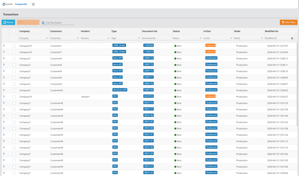 Comparatio EDI Portal transaction list