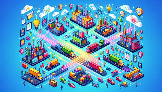 graphic with roads and buildings, trucks and factories with lines showing movement across these different areas