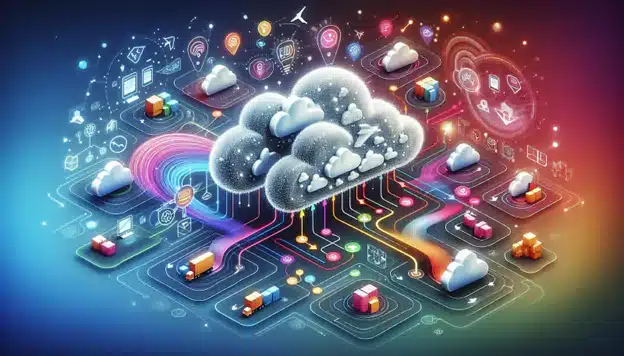cloud icons in the middle surrounded by other icons and lines showing movement