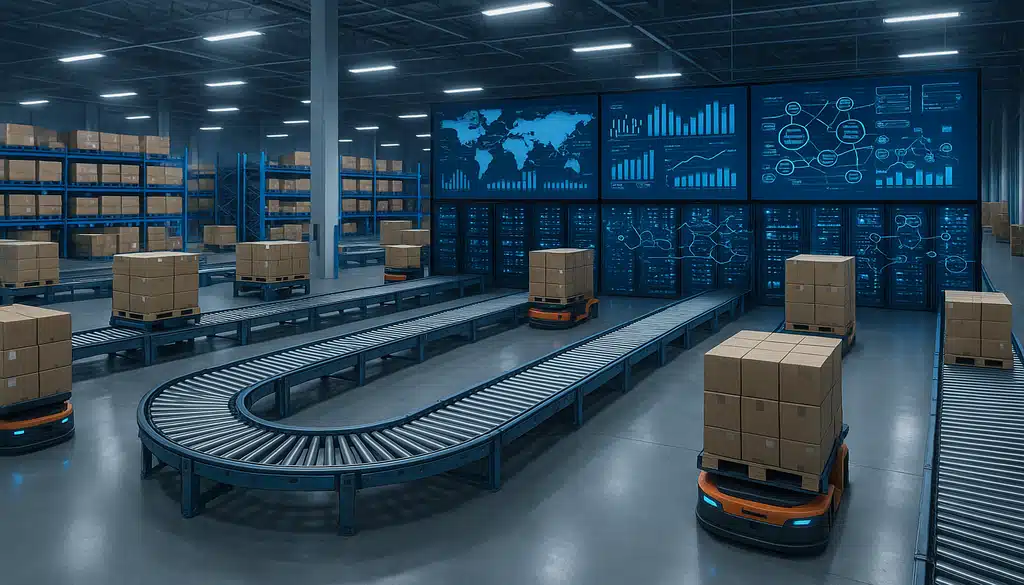 "Automated global warehouse with robotic forklifts and screens displaying tariff compliance data."