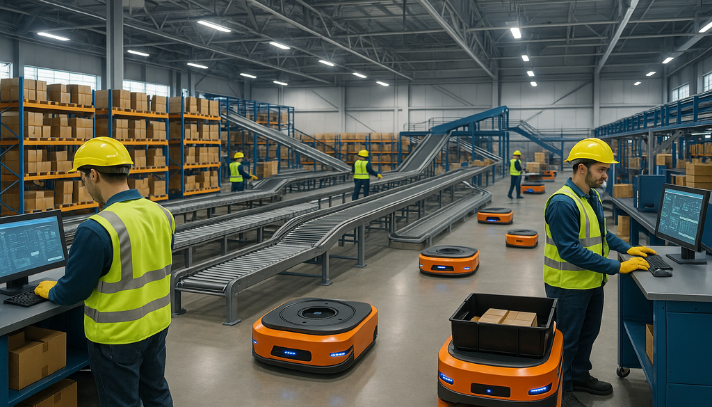 "Robotic shuttles and workers in a high-throughput, automated warehouse environment."