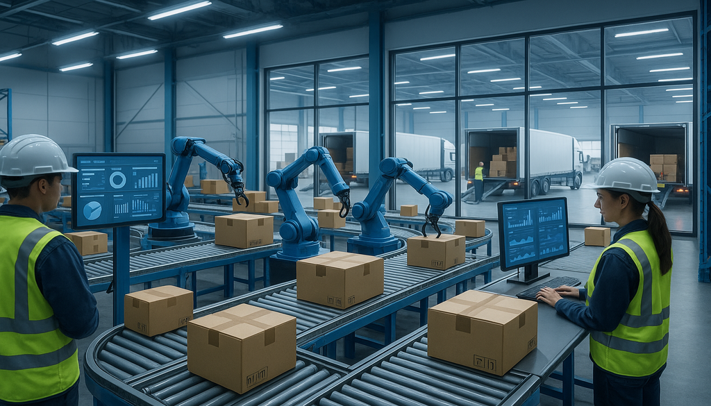 "Automated warehouse showcasing ERP eCommerce integration with robots and workers near delivery trucks."