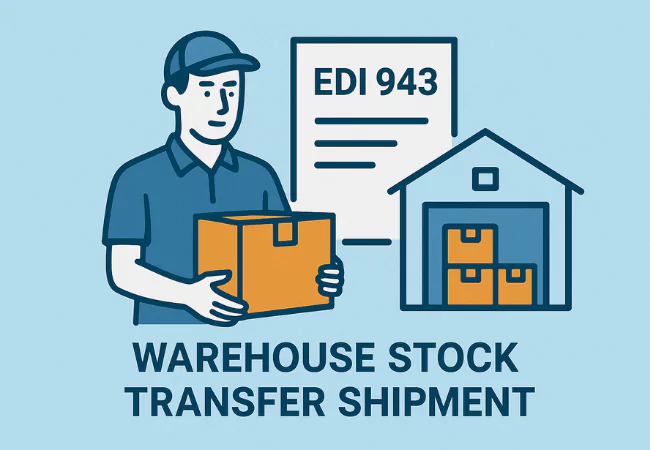 a warehouse worker holding a box, a paper with EDI 943 written on it, and a warehouse with boxes with "Warehouse Stock Transfer Shipment" written on the bottom of the image