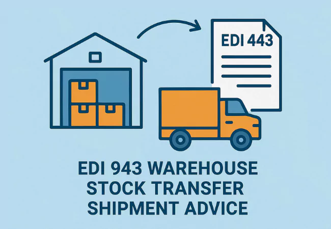 a warehouse with an arrow over to a document with EDI 443 written on it