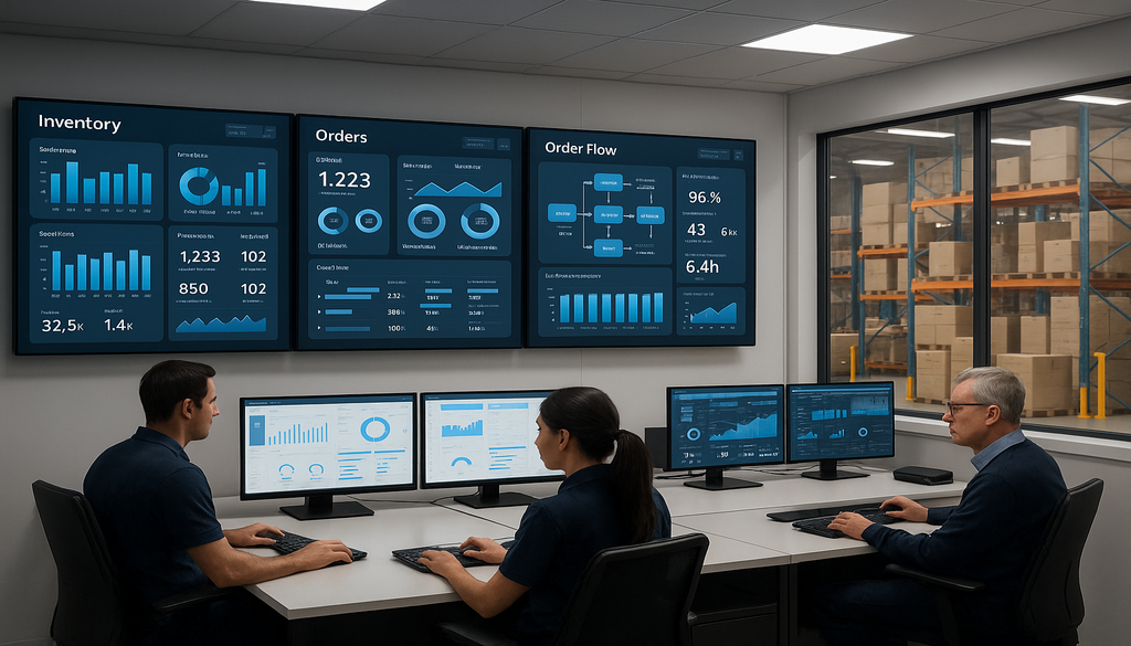 Warehouse control room with integrated order management dashboards and real-time inventory tracking.