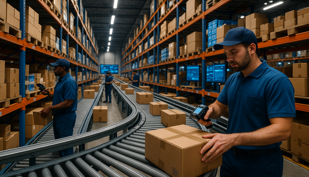 "Modern 3PL warehouse with automated conveyors and workers scanning products for efficient order management."