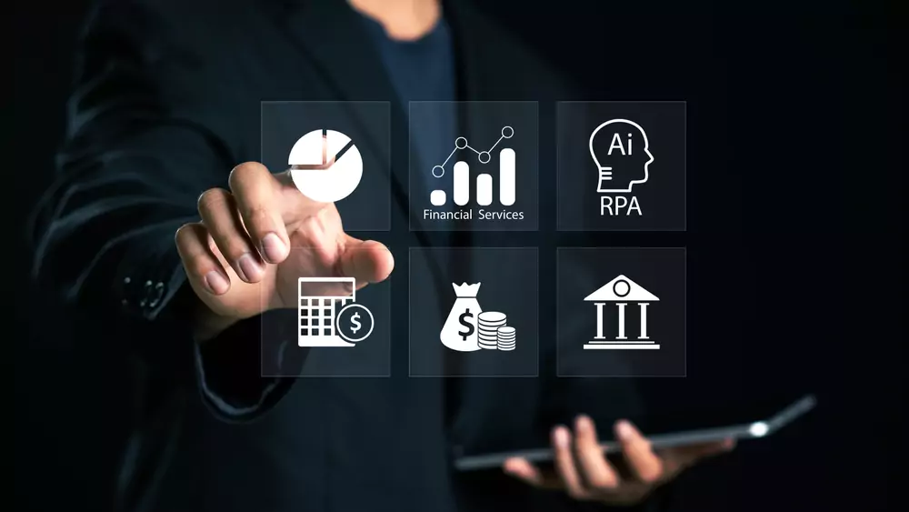 a person touching a screen overlaid with financial and banking icons
