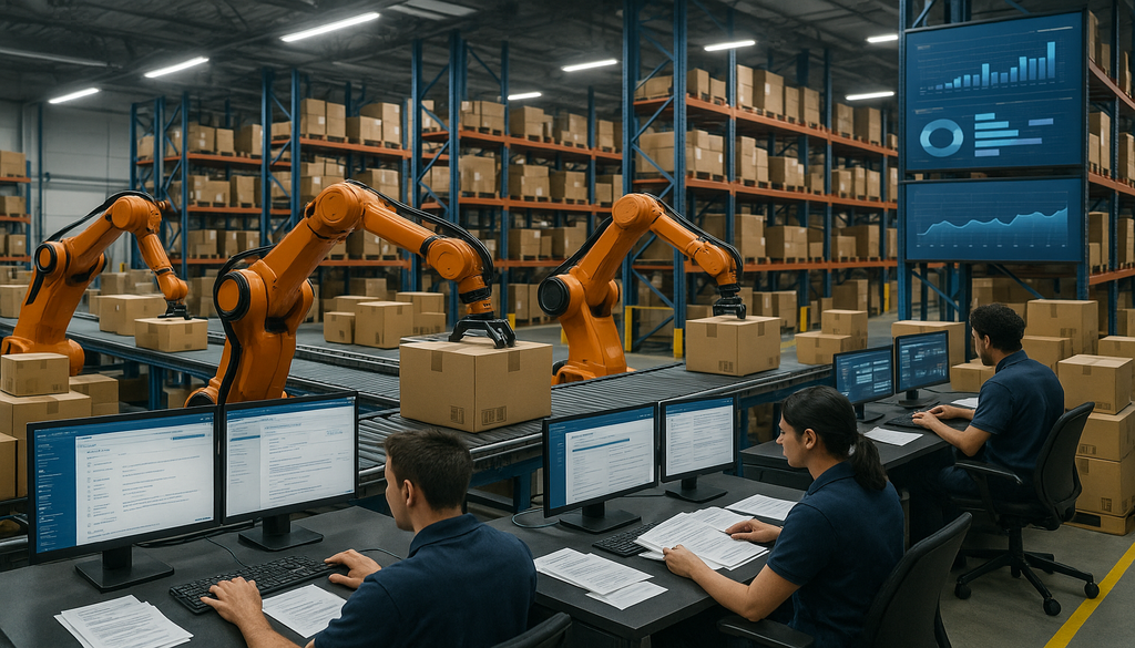 "Non-EDI orders processed by workers and robotic arms in a modern, automated warehouse."