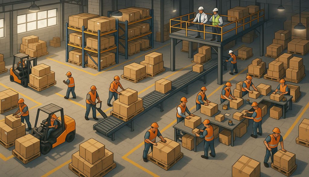 "Aerial view of a bustling warehouse showing teams in receiving, picking, packing, and shipping zones."