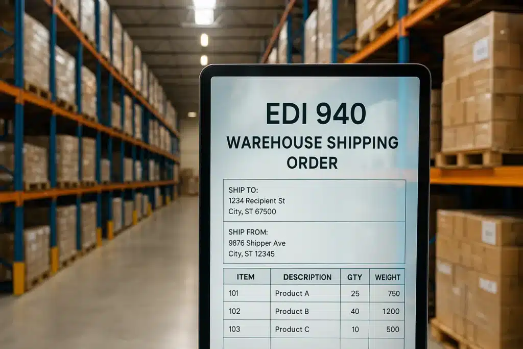 Digital EDI 940 warehouse shipping order displayed on a tablet inside a modern warehouse.